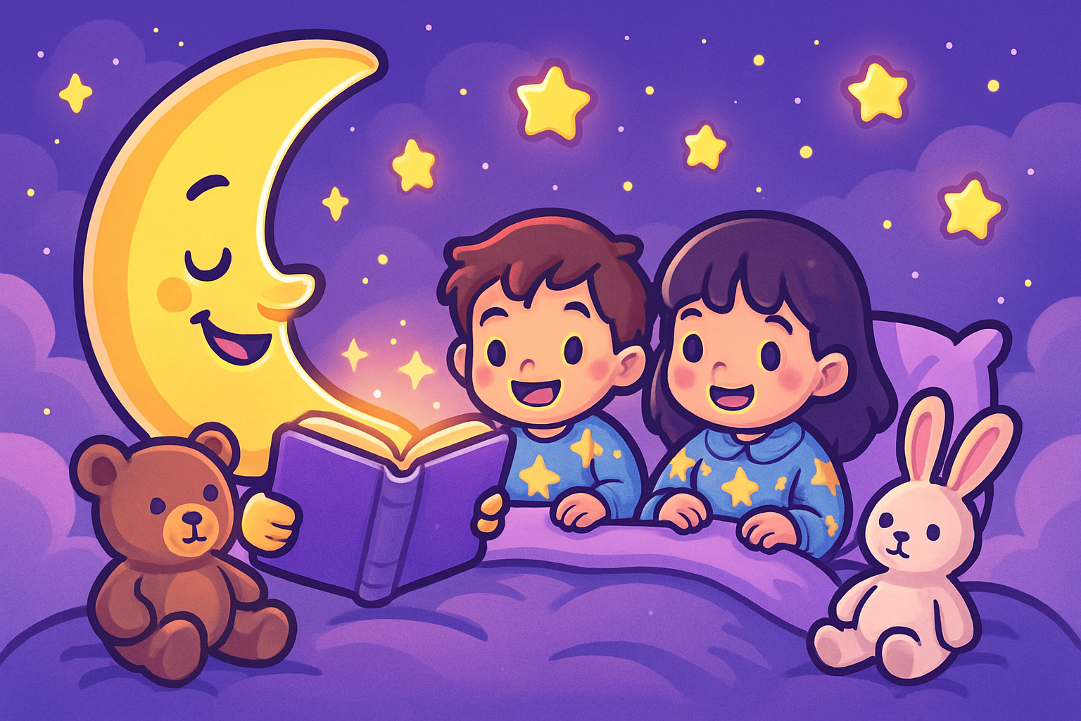 Smiling crescent moon reading a bedtime story to two children in star pajamas