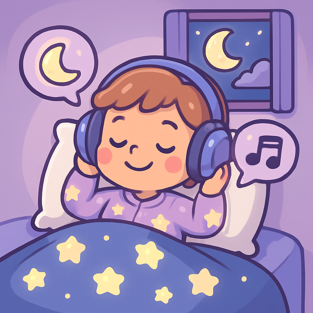 Child wearing headphones under a starry blanket