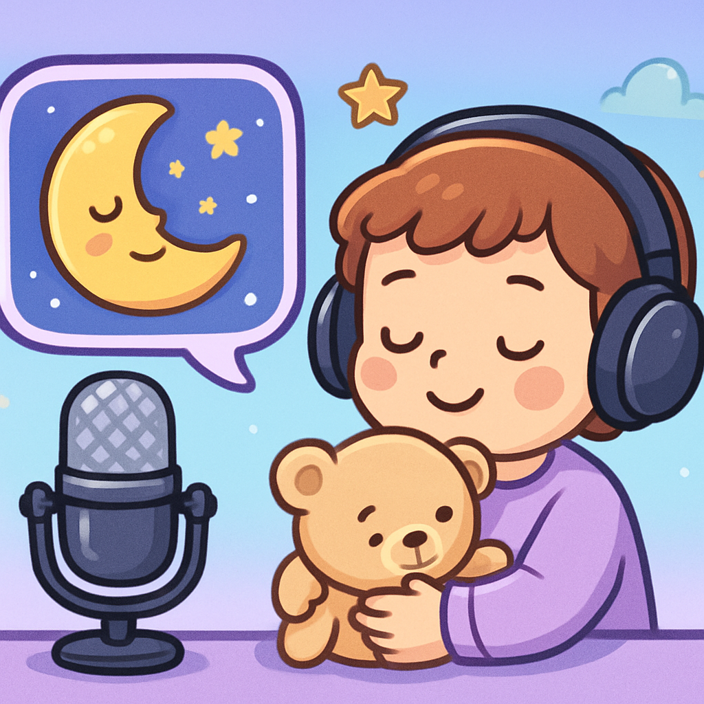 Child with headphones and teddy beside a recording microphone
